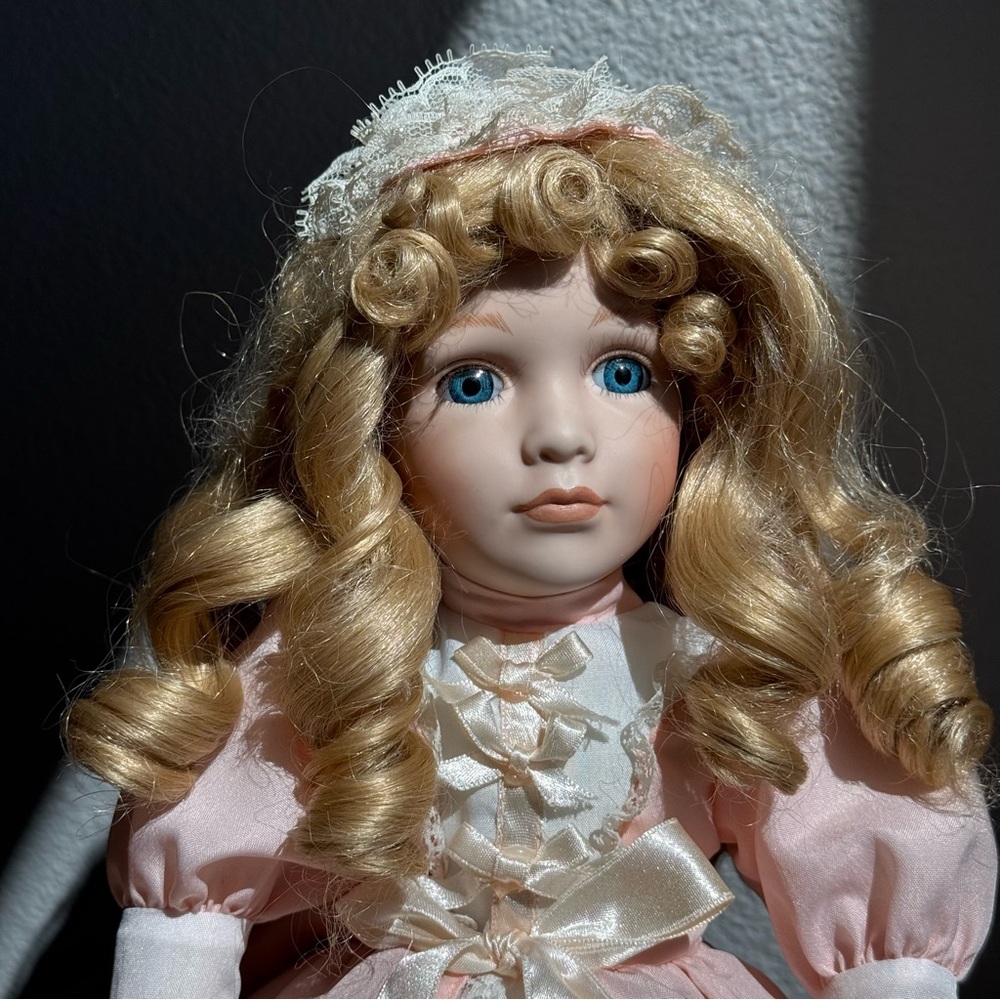 Vintage Victorian Porcelain Collector Doll 18” Blonde Blue Eyes Pink Lace Dress